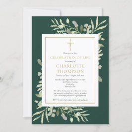 Emerald Guld Greenery Firande of Life Funeral Inbjudningar