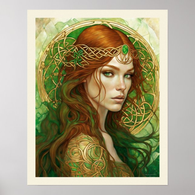 Emerald & Guld Headband Rödhårig Woman Grönt Ögon Poster (Framsidan)