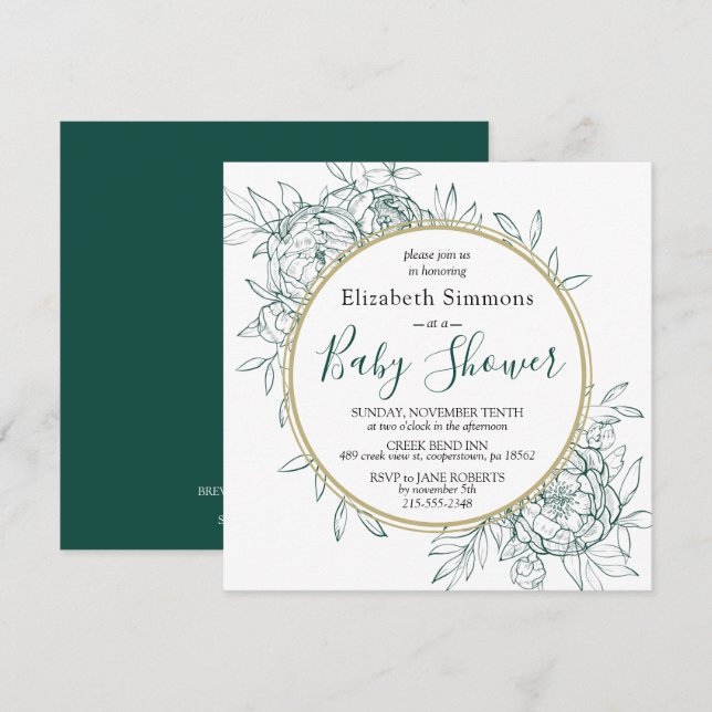 Emerald & Guld Peony Blommigt Toile Baby Shower Inbjudningar (Fram/baksida)