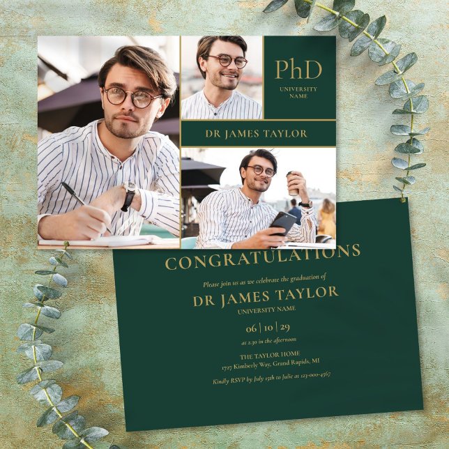 Emerald Guld PhD Examen 3 Foto Examenfest Inbjudningar (Emerald Gold PhD Degree 3 Photo Graduation Party Invitation)