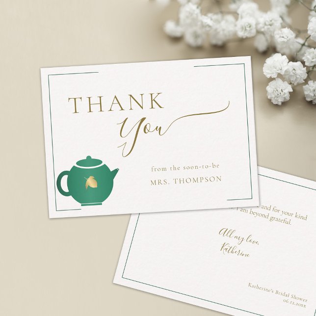 Emerald Guld Tea Elegant Möhippa Tack Anteckningskort (emerald gold bridal tea party thank you note card future mrs modern frame simple classy elegant)