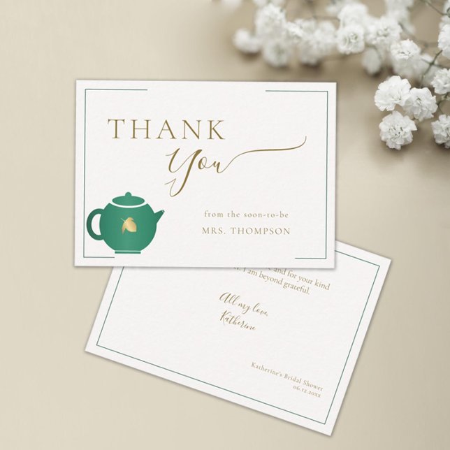 Emerald Guld Tea Elegant Möhippa Tack Kort (tea with bride thank you card bridal shower emerald green gold elegant modern classic minimalist)
