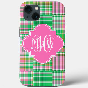 Emerald Hot Pink Madras Vin Mönogrammerad Skrift