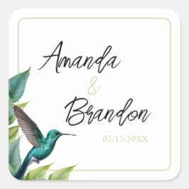 Emerald Hummingbird Tropical Löv Bröllop Fyrkantigt Klistermärke