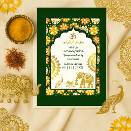 emerald ivory hindu ornate peacock om wedding tack kort