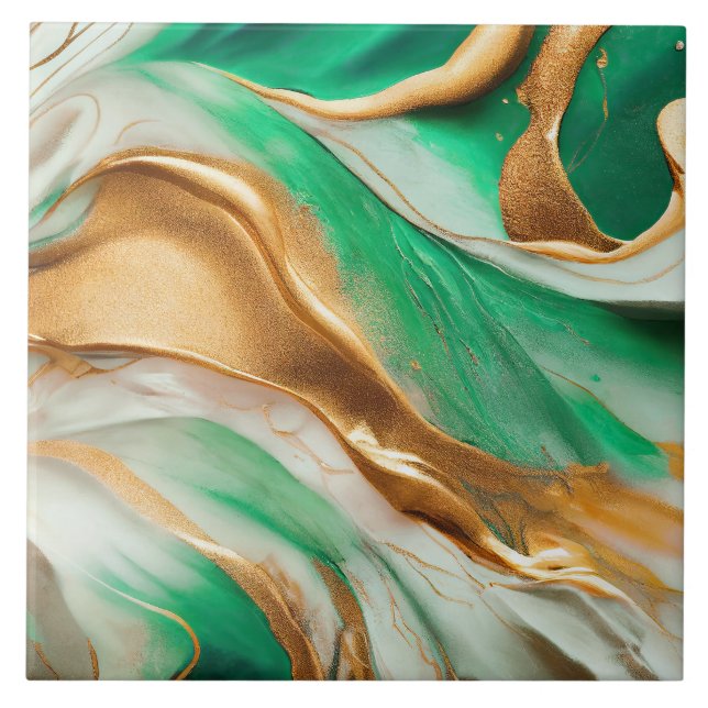 Emerald Jade Grönt och Guld Abstrakt Art Kakelplatta (Framsidan)