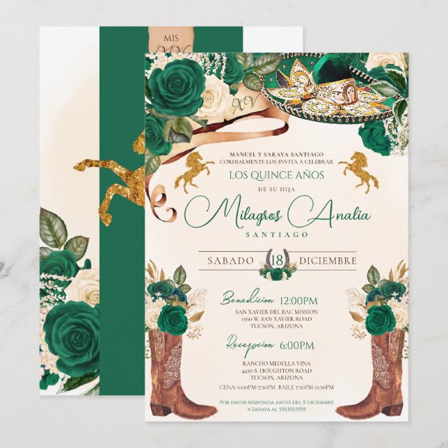 Emerald Jade Grönt Ro Western Charro Quinceañera Inbjudningar (Fram/baksida)