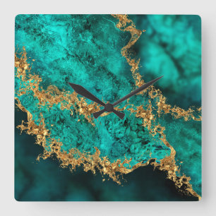 Emerald Jade Guld Splatter Abstrakt Fyrkantig Klocka