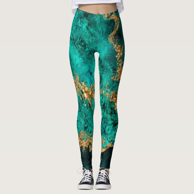Emerald Jade Guld Splatter Abstrakt Leggings (Framsida)