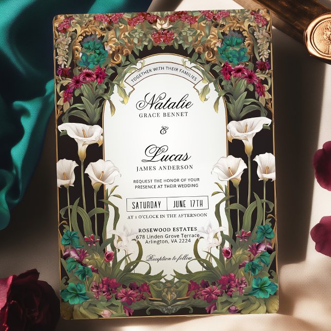 Emerald Jewel Tone Blommigt Art nouveau Bröllop Inbjudningar (Skapare uppladdad)