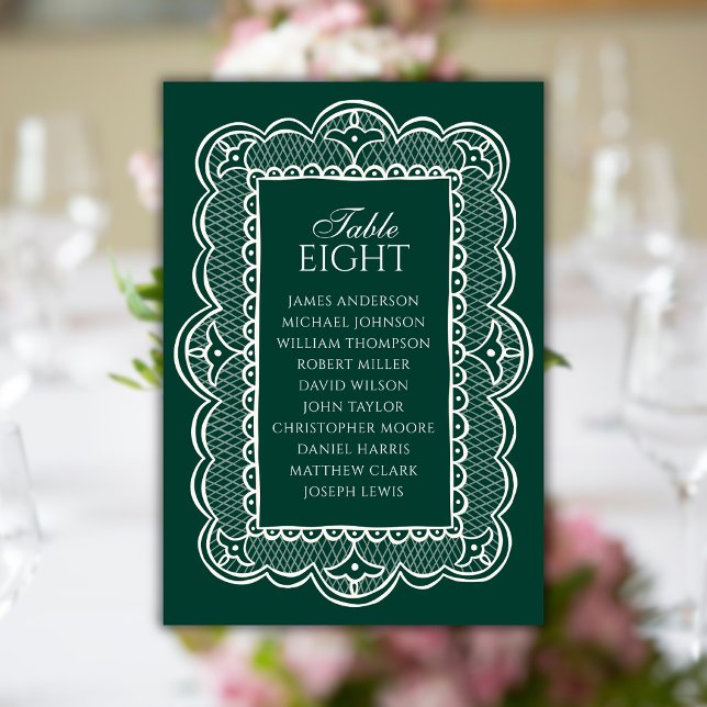Emerald & Lace Old Money Bröllopsplatskarta Bordsnummer (Skapare uppladdad)