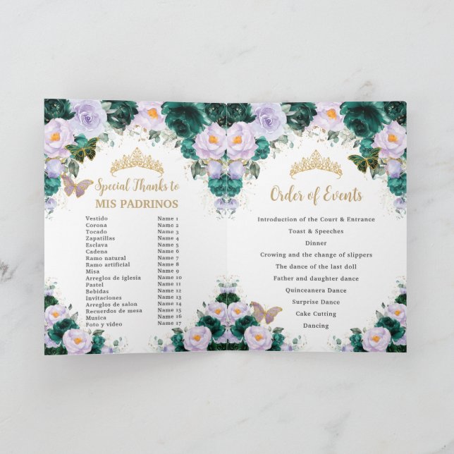 Emerald Lila Blommigt Quinceañera Order of Events Program (Inuti)