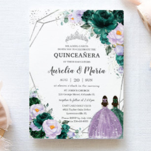 Emerald Lila Blommigt Twillingars Quinceañera Silv Inbjudningar