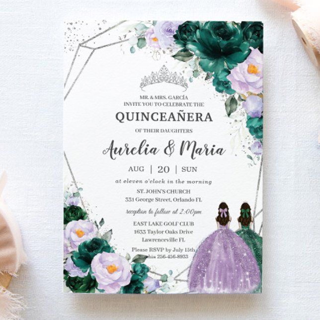 Emerald Lila Blommigt Twillingars Quinceañera Silv Inbjudningar (Skapare uppladdad)
