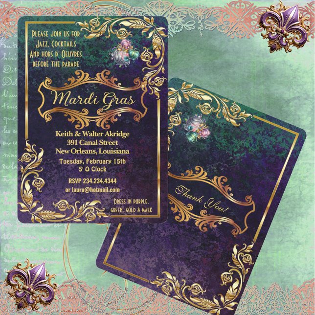 Emerald Lila Golden Mardi Gras MasqueraParty Inbjudningar (Emerald Purple Golden Mardi Gras Masquerade Party Invitation)