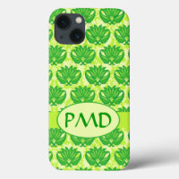 Emerald Lime Green Art nouveau Damask Monogram