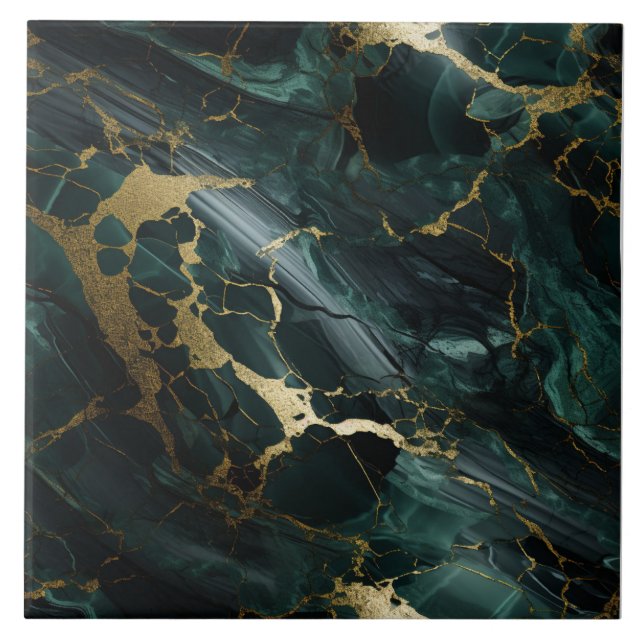 Emerald Marble, Mörk Aquamarine, Guld Detail Kakelplatta (Framsidan)