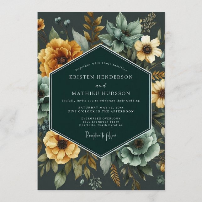 Emerald & Marigold Lush Botanical Wedding Inbjudningar (Framsida)