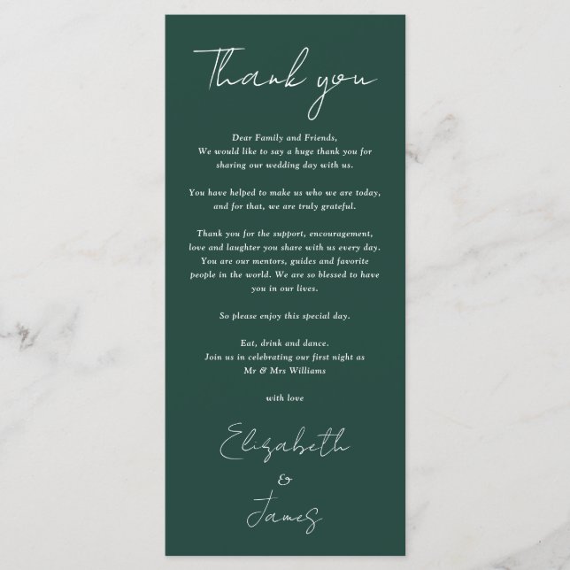 Emerald Minimalist Bröllop Tack Place Card Meny (Framsida)
