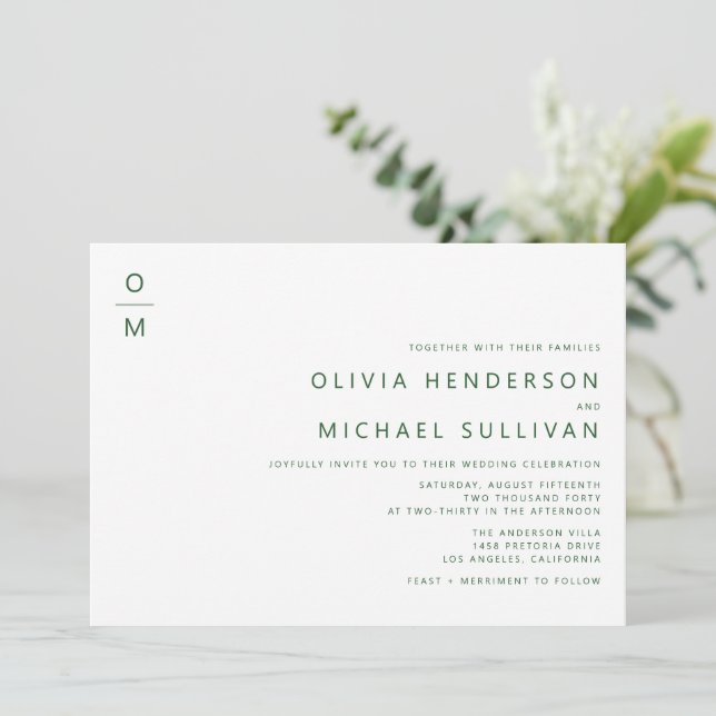 Emerald Minimalist Typography Monogram Bröllop Inbjudningar (Stående Fram)