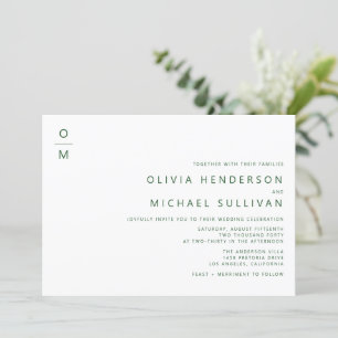 Emerald Minimalist Typography Monogram Bröllop Inbjudningar