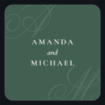 Emerald Modern Kant Elegant Monogram Bröllop Fyrkantigt Klistermärke<br><div class="desc">Den här unika dekordekutformningen är en enkel modern minimalistisk utformning med elegant kant och har vackra kalligrafiskript som monogram av bruden och trippen på alternativa hörn. Namnen från bruden och brudgummen är centrerad med ett rent klassiskt utseende på en framväxande grönt med elfenbenstext. Ersätt exempeltexten med din information. Du kan...</div>