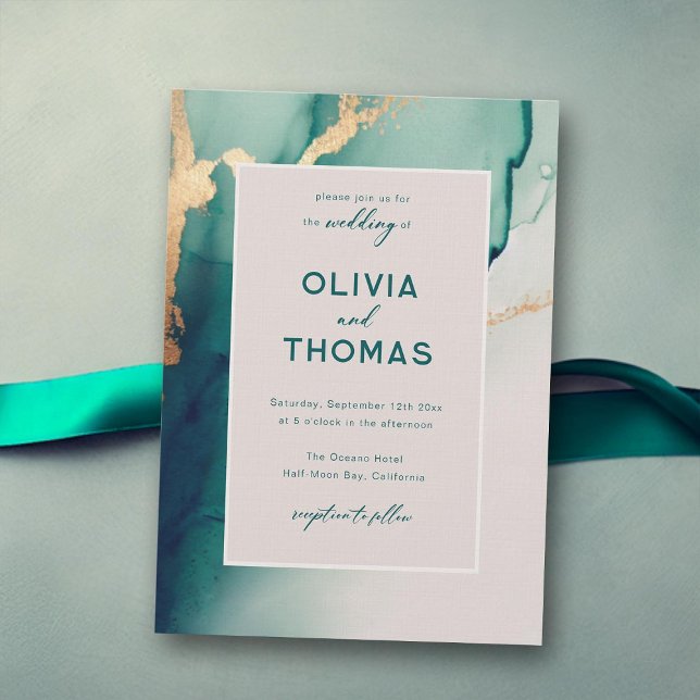 Emerald Modern Ram Elegant Simple Beach Wedding Inbjudningar (emerald green gold wedding invitation modern ocean beach waves elegant bohemian romantic boho chic)