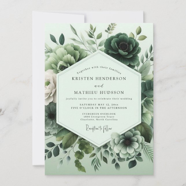 Emerald Monochromatic Bloom Wedding Inbjudningar (Framsida)