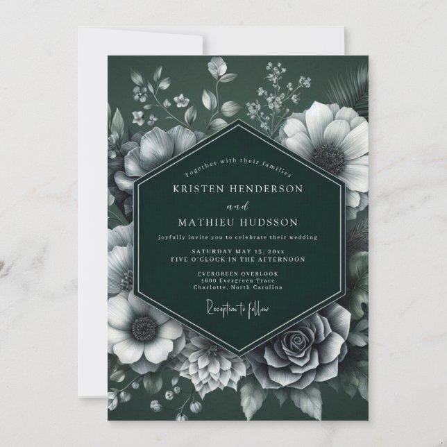 Emerald Monochrome Bloom Wedding Inbjudningar (Framsida)