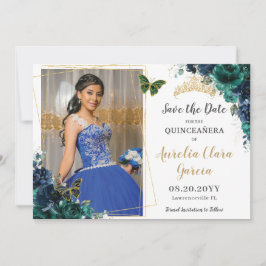Emerald Navy Blommig Quinceañera Bild Spara Datum Inbjudningar