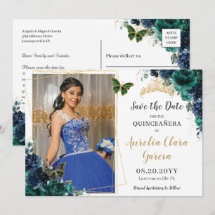 Emerald Navy Blommig Quinceañera Bild Spara Datum Inbjudningar