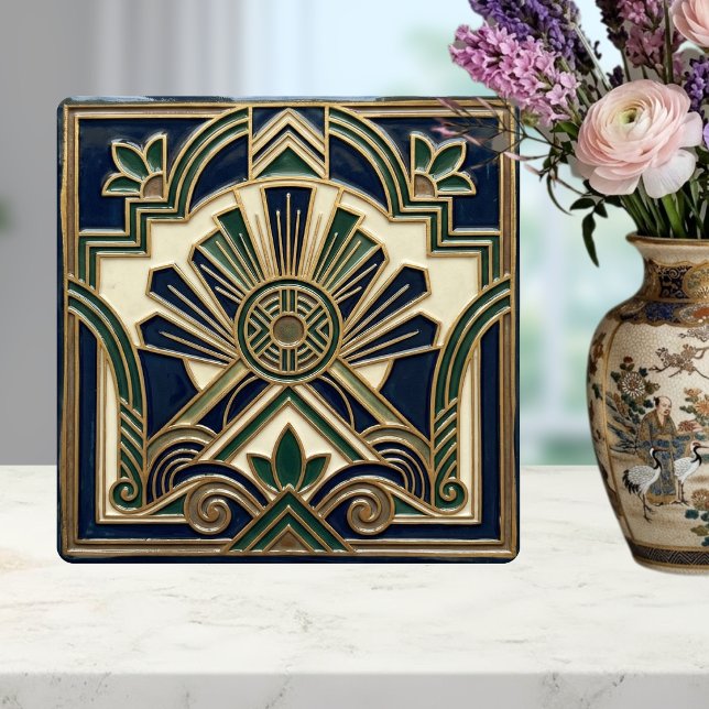 Emerald Navy Gold Art Deco Sun Rays Geometric  Kakelplatta (Skapare uppladdad)