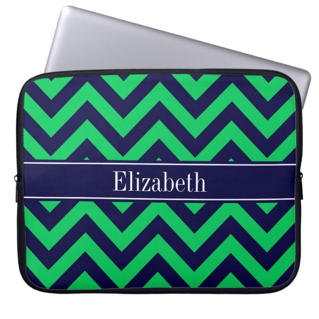 Emerald Navy LG Chevron Navy Blue Namn Monogram Laptop Fodral (Framsidan)
