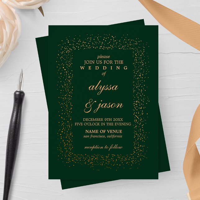 Emerald och Bronze Confetti Bursts Bröllop Inbjudningar (Skapare uppladdad)