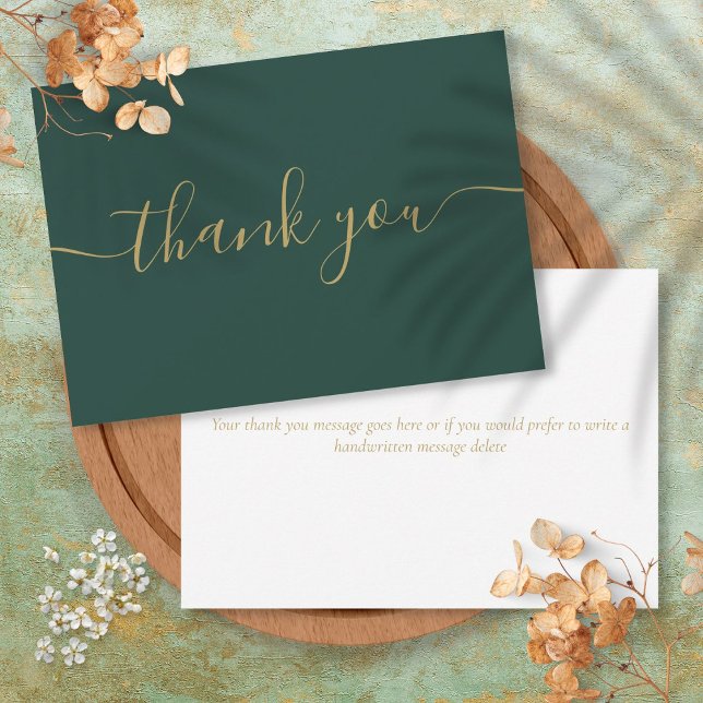Emerald Och Guld Enkel Modern Elegant Skrift Tack Kort (Emerald And Gold Simple Modern Elegant Script Thank You Card)