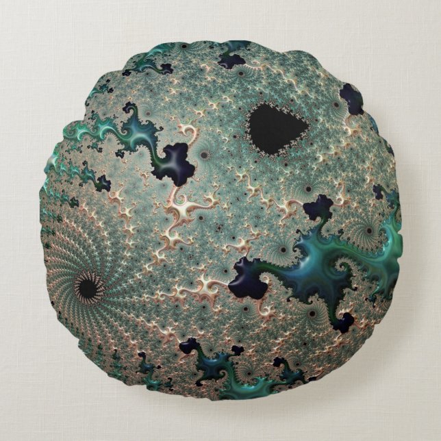 Emerald och Guld Mandelbrot Rund Kudde (Framsidan)