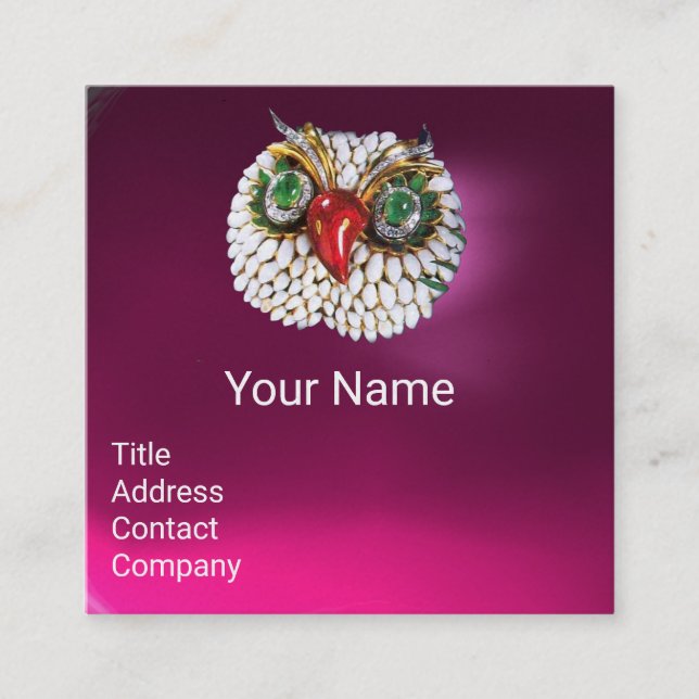 EMERALD OPALE WHITE PEARL JEWEL UGGLA Rosa Fuchsia Fyrkantigt Visitkort (Framsida)