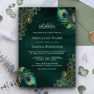 Emerald Peacock Feathers QR Code Muslim Bröllop Inbjudningar