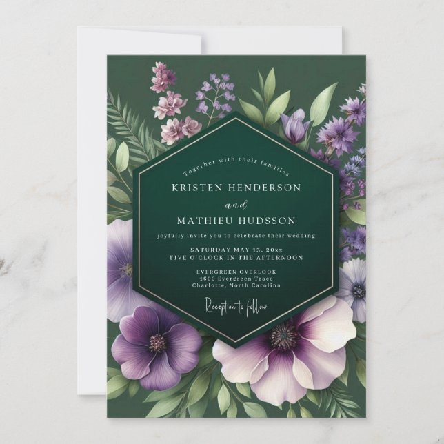 Emerald Plum Moody Flora Wedding Inbjudningar (Framsida)