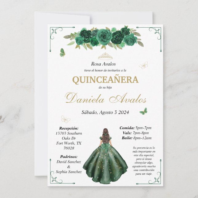 Emerald Quinceañera-inbjudan på spanska Inbjudningar (Framsida)