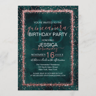 Emerald Ro Guld Sprinkled Confetti Quinceañera Inbjudningar