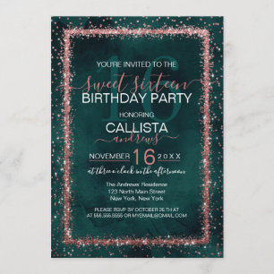 Emerald Ro Guld Sprinkled Confetti Sweet 16 Inbjudningar
