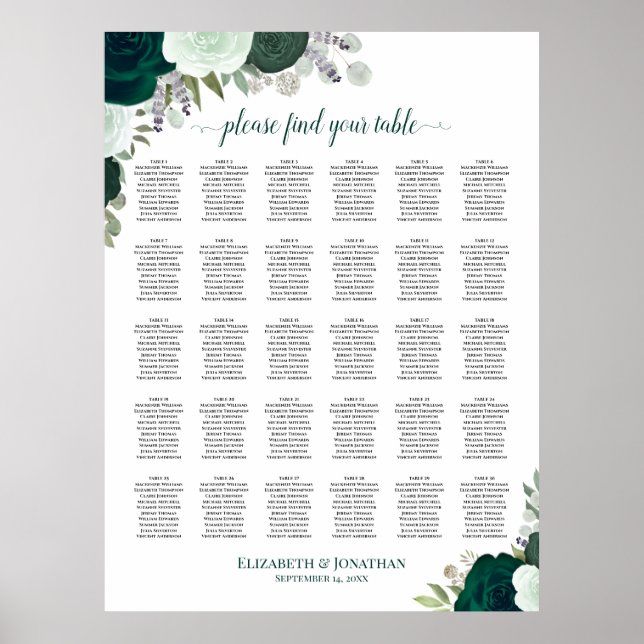 Emerald Rosor Chic 30 Bord Bröllopsställning Poster (Framsidan)