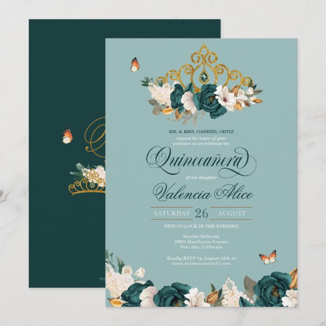 Emerald Sage Grönt Elegant Butterfly Quinceanera Inbjudningar (Fram/baksida)