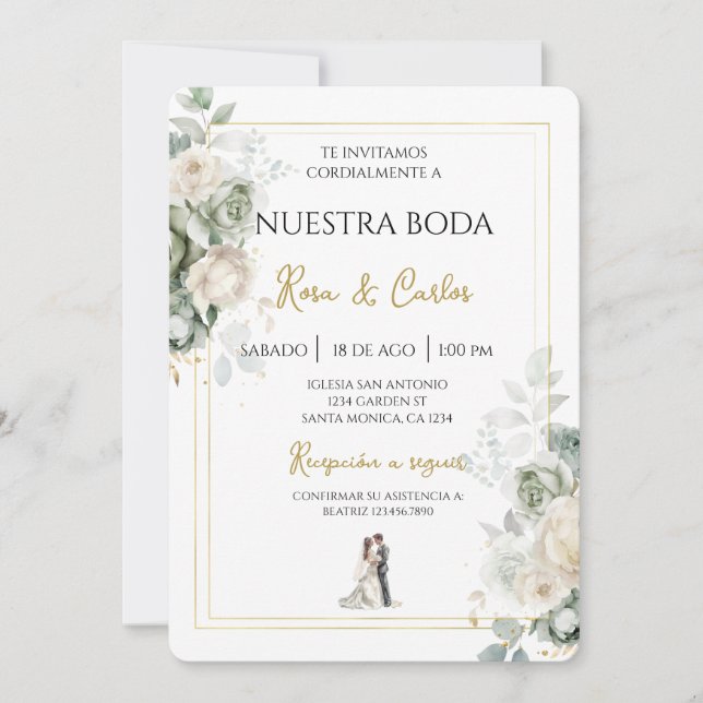 Emerald sage Spanish Wedding Invitation Inbjudningar (Framsida)