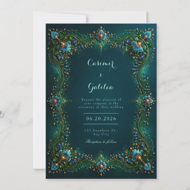 Emerald Sapphire Gilded Floral Wedding Inbjudningar (Framsida)