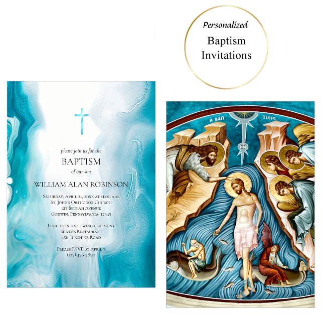Emerald Sea Blue Orthodox Christian Baptism Inbjudningar (Skapare uppladdad)