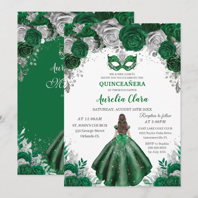 Emerald Silver Blommigt MasqueraBoll Quinceañera Inbjudningar (Fram/baksida)
