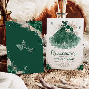 Emerald Silver Blommigt Quinceañera Dress Mis Quin Inbjudningar
