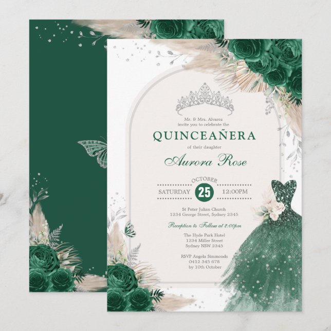Emerald Silver Boho Ro Princess Quinceañera Inbjudningar (Fram/baksida)